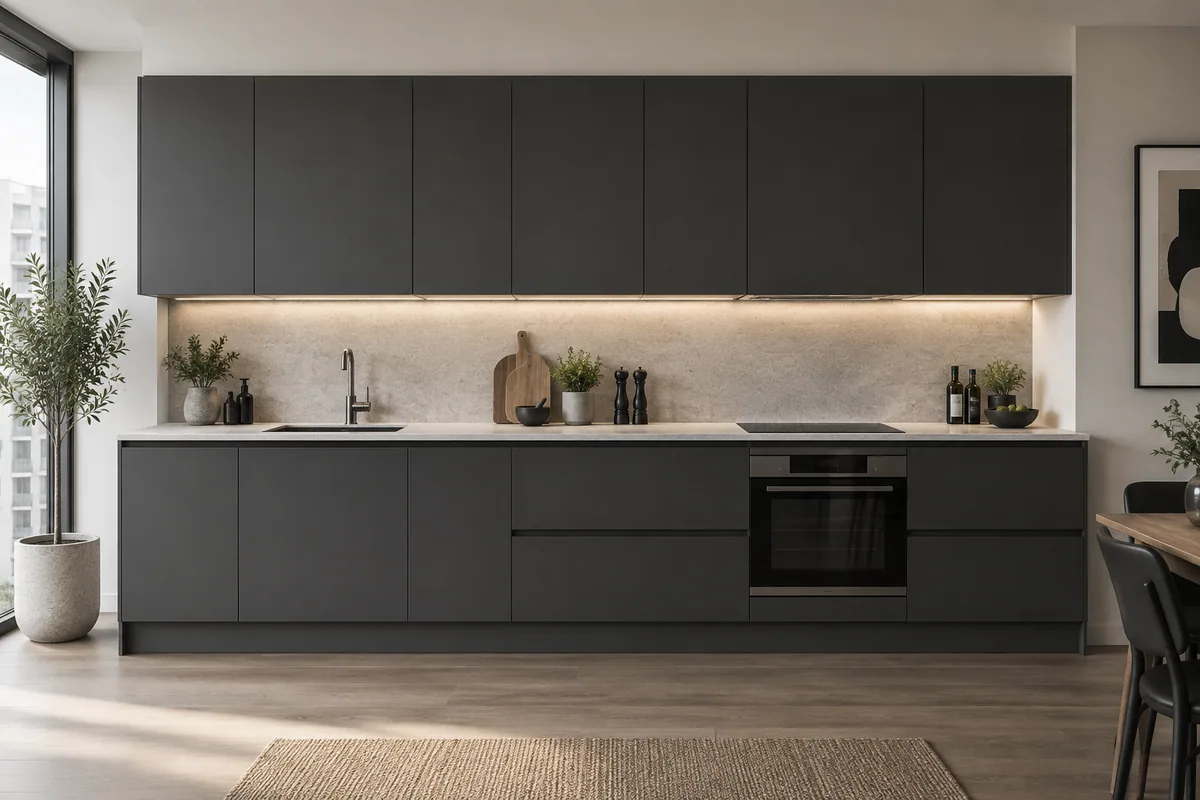 Прямая кухня Графит с тёмными фасадами без ручек